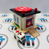 Rescue Hospital Writing on Base #3 with Ramp and Ambulance Good Condition Wooden - Used