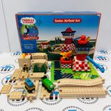 Sodor Airfield Set with Duck (Writing on Bottom), Flatbed and Tiger Moth (2001) Clickity Clack Wooden - Used in Marked Box