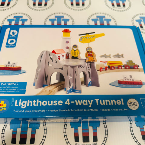 Lighthouse 4 Way Tunnel with Lighthouse, 2 People, House and Helicopter BIGJIGS Rail Wooden - New in Box