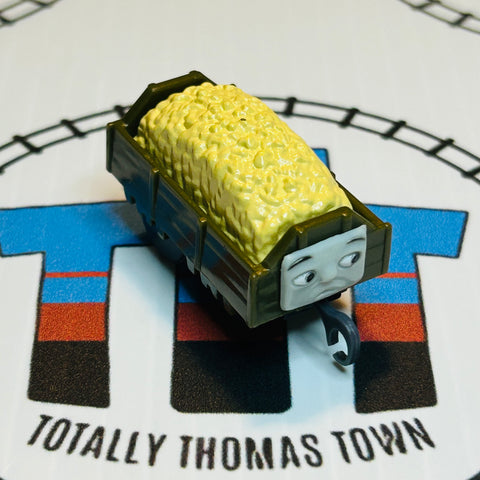 Brown/Green Troublesome Truck with Yellow Gravel Eyes Open Pull Along Capsule Plarail - Used